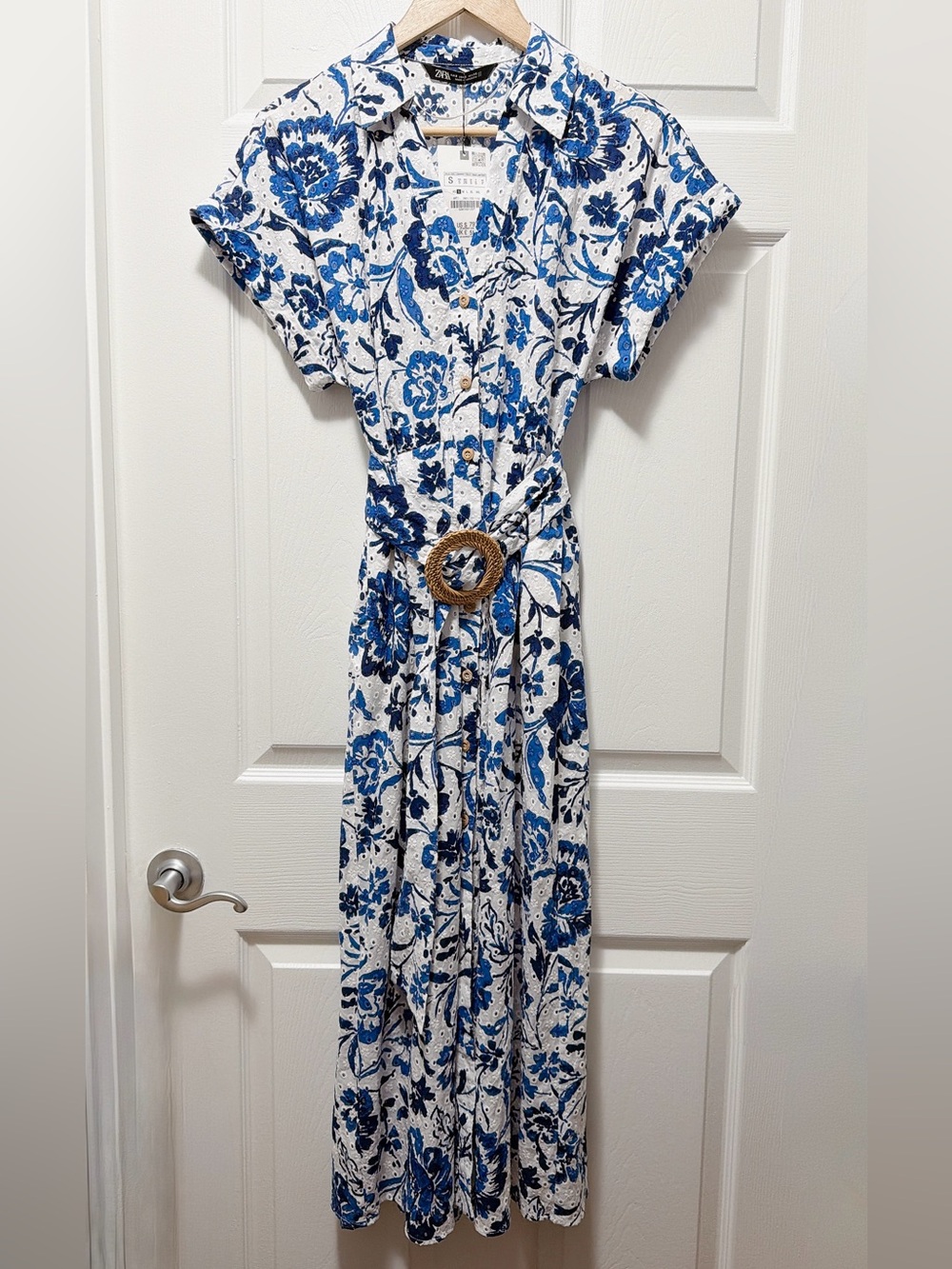 Zara Eyelet Blue and White Floral Button-Front Maxi Dress with Belt